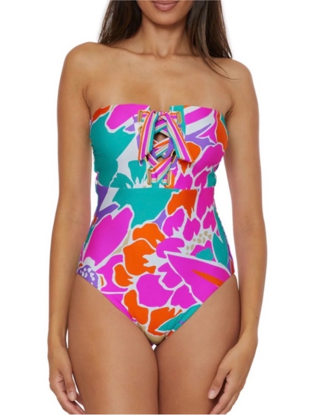 Trina Turk Floral Halter One-Piece Swimsuit in Pink Teal Orange - Picture 3 of 16